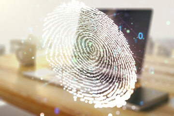 Aufkleber - Multi exposure of creative fingerprint hologram and modern desktop with laptop on background, personal biometric data concept