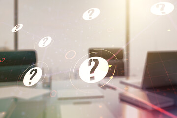 Aufkleber - Double exposure of question mark hologram and modern desktop with laptop on background. Sociology and psychology concept
