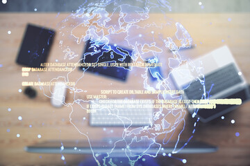 Poster - Double exposure of abstract creative programming illustration with world map on computer background, big data and blockchain concept