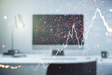 Poster - Multi exposure of abstract creative financial chart with world map on laptop background, research and analytics concept