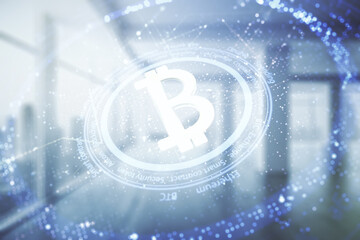 Poster - Double exposure of creative Bitcoin symbol hologram on empty room interior background. Mining and blockchain concept