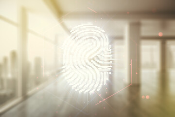 Poster - Double exposure of virtual creative fingerprint hologram on empty room interior background, protection of personal information concept