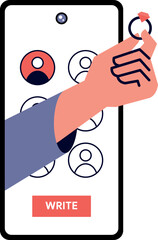 Wall Mural - Phone application design for dates and marriage. Flat vector illustration with hand, ring and phone app