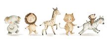 Safari Animals Baby Watercolor Illustration With Lion, Zebra, Giraffe, Monkey And Elephant 