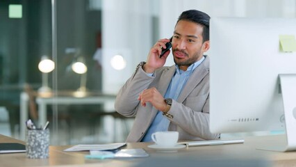 Poster - Young corporate executive communicating project plans and discussing deals with clients in a company. Happy business man talking on a phone while working on a computer in an office