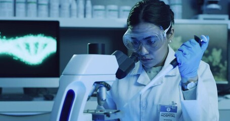 Aufkleber - Female scientist, experiment and analyze in forensic science. Woman conducting new research, running tests for new discoveries. Lady experimenting with particles under a microscope in a lab.