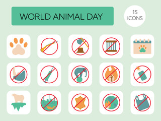  Colorful World Animal Day Square Icon Set In Flat Style.