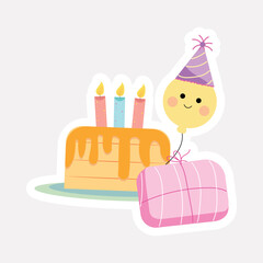 Sticker - Party Hat Wearing Smiley Cartoon Balloon With Birthday Cake And Gift Box Sticker.