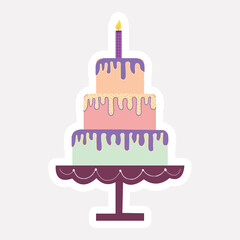 Poster - Colorful Three Layer Cake With Burning Candle In Sticker Style.