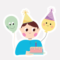 Canvas Print - Party Hat Wearing Cute Boy Cartoon Holding Burning Candle Cake With Hat Wearing Balloons Sticker.