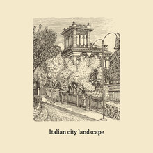 Italian City Landscape With Palazzo, Vector Sketch
