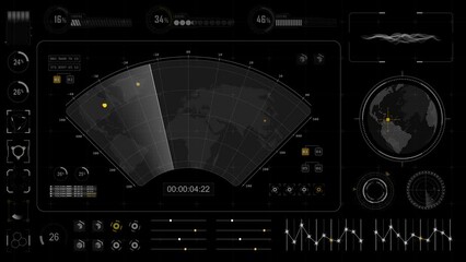 Poster - Motion graphic of Blue color sonar radar screen searching an object with futuristic head up display ( HUD UI ) technology interface screen and chat panel abstract background Alpha channel included