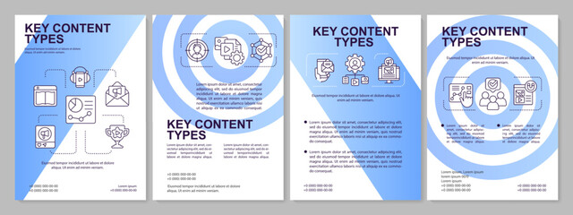 Key content types blue brochure template. Brand promotion. Leaflet design with linear icons. Editable 4 vector layouts for presentation, annual reports. Arial, Myriad Pro-Regular fonts used