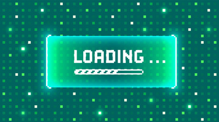 Web banner with phrase Loading. Sci-fi screen background with neon design