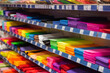 rack with multicolored plastic files and folders in stationery store.