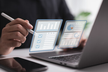 Poster - Performing internet research for a financial audit on a laptop. A digital report, a market statistic study, an online analytics or web analysis, an accounting or sales finance idea,  quality review.