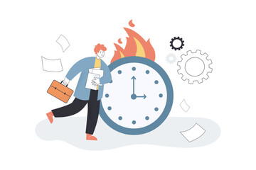 Wall Mural - Corporate worker running in hurry near burning clock. Stress and lack of time of tiny busy man flat vector illustration. Deadline, burnout concept for banner, website design or landing web page