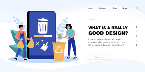 Poster - People cleaning mobile phone from trash files. Man and woman deleting documents with cleansing software flat vector illustration. Cache, spam concept for banner, website design or landing web page