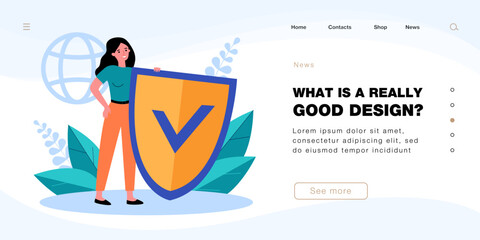 Tiny woman holding online virus protection shield. Person protecting data from risk of cyber attack flat vector illustration. Antivirus, defense concept for banner, website design or landing web page