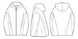Zip-up Hooded Coat technical fashion illustration, oversized,  long sleeves, pockets. Unisex Jacket Coat template front, back, side views, white color. Women men unisex top CAD mockup.