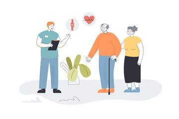 Wall Mural - Medical checkup in hospital for old patients. Male doctor counseling senior man and woman flat vector illustration. Geriatric healthcare concept for banner, website design or landing web page