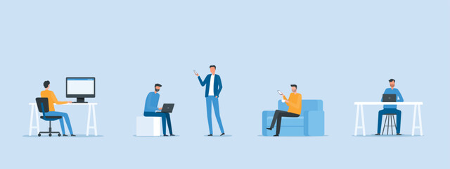 Poster - flat vector design smart working concept people working online form anywhere with technology connection 