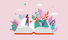 Book Festival Concept Of The Woman Watering Garden And Reading An Open Huge Book. Back To School, Library Concept Design. Vector Illustration, Poster And Banner