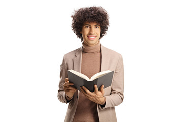 Sticker - Handsome young man with dark curly hair reading a book