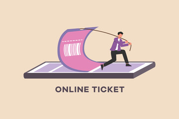 Wall Mural - Young boy pull online ticket from mobile phone. Online ticket concept. Colored flat cartoon vector illustration.