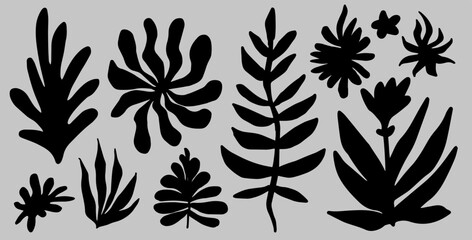Poster - Set of botanical elements for poster, cover, pattern design. Black flowers and leaves in Fauvism and Modernism art style.