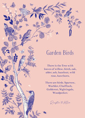 Wall Mural - Garden Birds. Invitation. Vector vintage illustration. Blue and pink