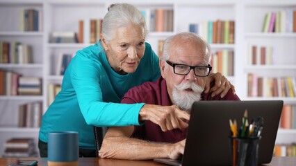 Senior elderly couple sitting at home making video call using laptop computer together having fun smiling.