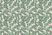 Trendy Seamless Vector Floral Pattern. Endless Print Made Of Small White Flowers. Summer And Spring Motifs. Gray Blue Green Background. Stock Vector Illustration.