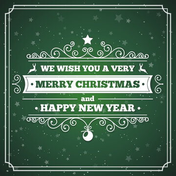 Merry Christmas greeting card with vintage style label and frame on green background. Vector Illustration