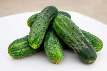 Ripe fresh green cucumbers highlighted on a white background. A young summer harvest, vitamins and proper healthy nutrition.