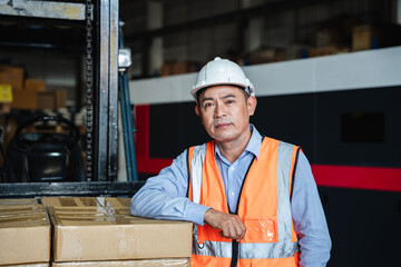 Wall Mural - Portrait of Warehouse worker checking the quantity of storage products on the shelf  in the warehouse., Industrial and industrial concept.