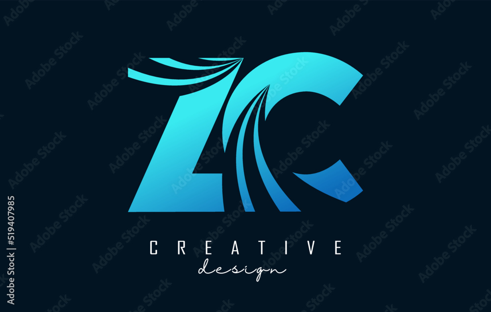Creative blue letter ZC z c logo with leading lines and road concept ...