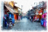 Fototapeta Młodzieżowe - Street landscape in a commercial area of rural Thailand watercolor style illustration impressionist painting.