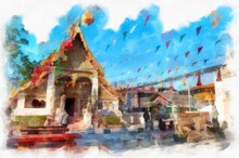 Ancient Temples In The Northeastern Provinces Of Thailand Watercolor Style Illustration Impressionist Painting.
