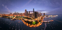Aerial View Of Lake Shore Drive And Cityscape At Sunset, Chicago, Illinois, USA