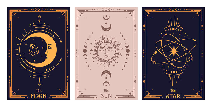 Mystical tarot card sun moon and star. Celestial poster design. Boho vector illustration. Esoteric decorative element. Witchcraft, occult, spiritual design