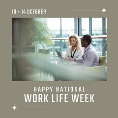 Poster - Image of national work life week over happy diverse female and male coworkers in office