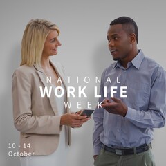 Poster - Image of national work life week over diverse female and male coworkers