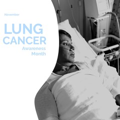 Sticker - Image of lung cancer awareness month over caucasian woman in hospital bed