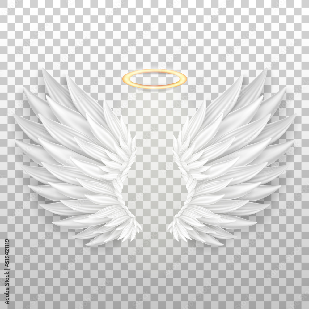 Three dimensional angel white wings and shiny nimbus. Masquerade ...