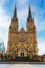 Facade Of Historic St Mary's Cathedral In Sydney, Australia. Built In 1868 After The Original Chapel Was Destroyed By Fire, The Cathedral Is A State Heritage And A Popular Attraction For Tourists.