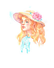 Portrait Of A Beautiful Girl With Red Hair And Blue Eyes In A Summer Straw Hat. A Sweet And Gentle Romantic Image Is Drawn In Watercolor On Paper
