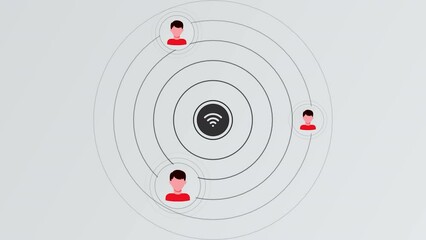 Aufkleber - Abstract wifi icon spreading signal among icons of people. Motion. Concept of internet and communication.