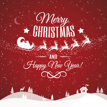 Christmas greeting card with retro label. Santa Claus driving in a sleigh and deers. Happy New Year. Vector Illustration