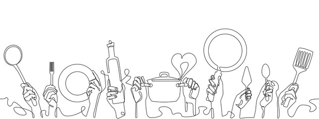Cooking Background. Restaurant poster. Horizontal seamless pattern with Hands Holding different Kitchen Utensils. Vector illustration. Continuous line drawing style.